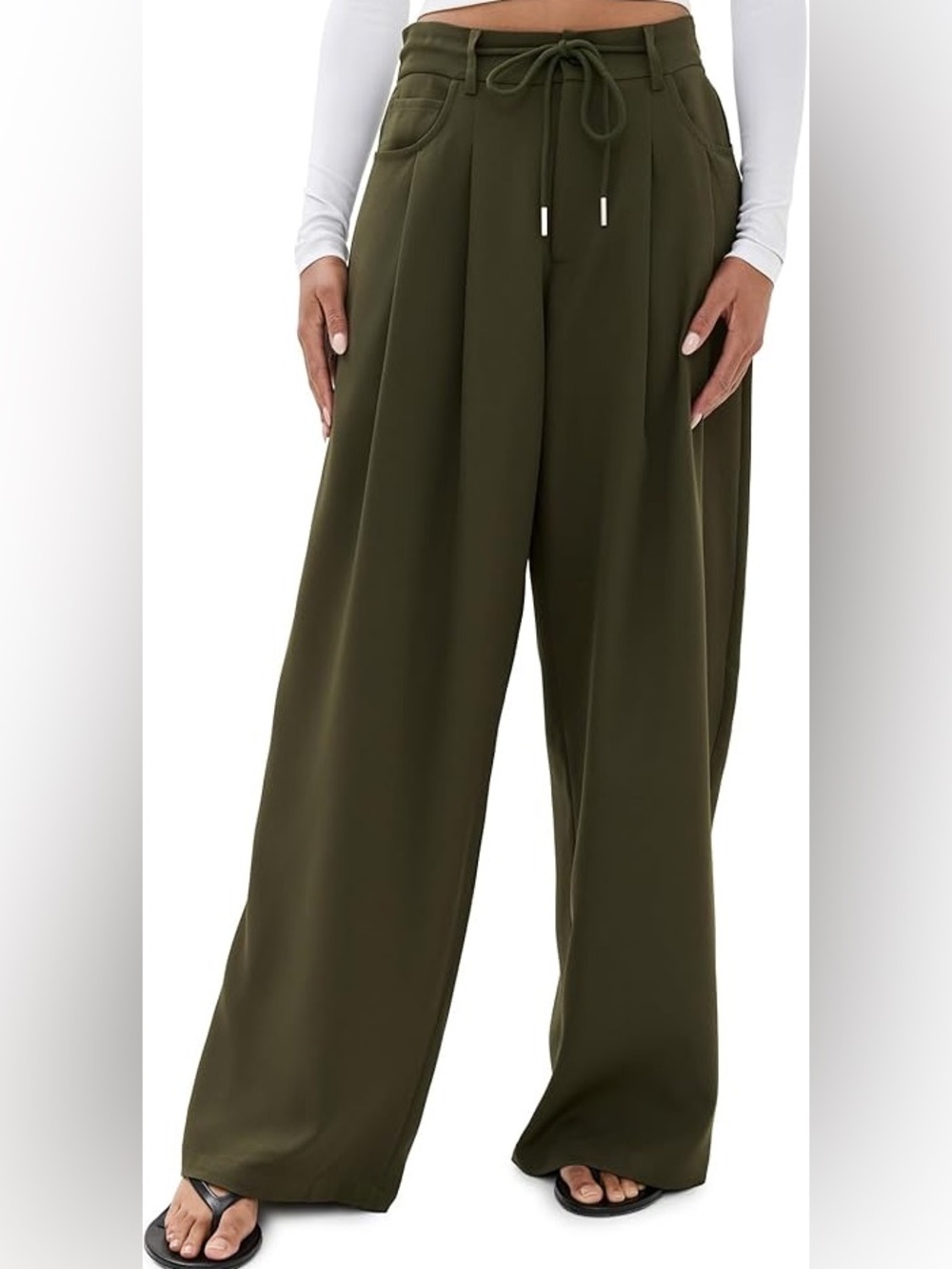 Lioness Slouched Olive Green Wide Leg Pants, Medium